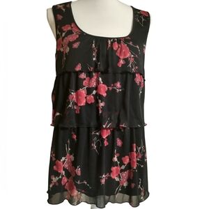 Red & Black Floral Ruffled Tank